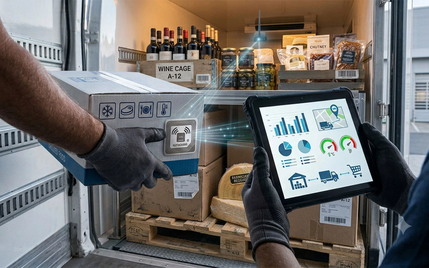 Primo piano delle mani di due operatori logistici durante lo scarico di un furgone refrigerato. Uno tiene una scatola di cartone con icone della catena del freddo e un tag RFID che trasmette dati in tempo reale; l'altro monitora i flussi tramite un tablet aziendale con grafici e cruscotti digitali. All'interno del mezzo si vedono pallet, scatole da imballaggio e prodotti alimentari di fascia alta come vino e formaggi.
