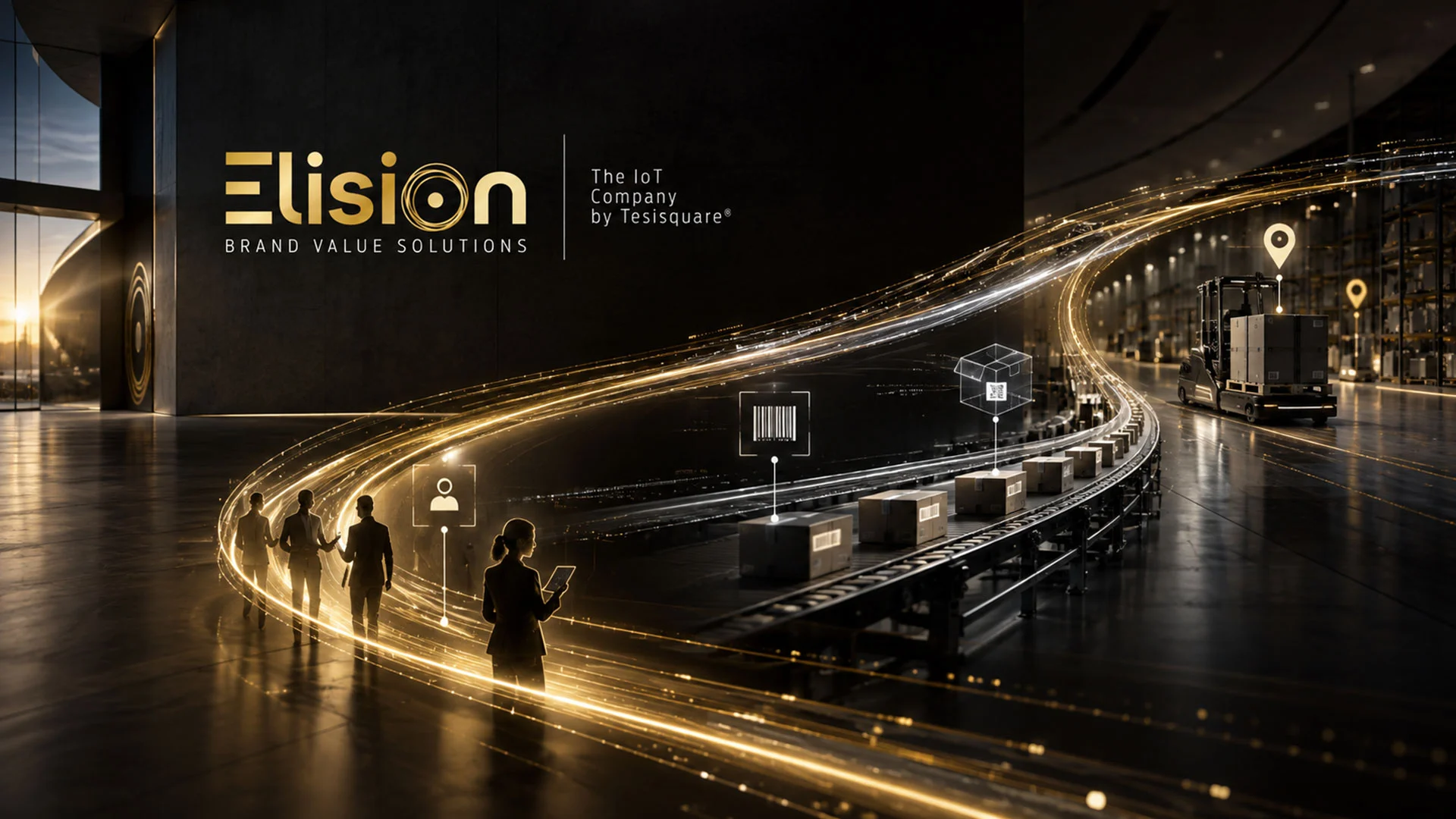 Logo Elision di Tesisquare e grafica futuristica di un magazzino connesso con tracciabilità supply chain, IoT, codici a barre e flusso dati smart.