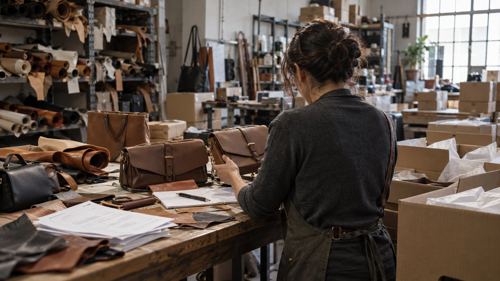 Artigiana ripresa di spalle in un laboratorio di pelletteria italiano mentre confronta due borse in pelle su un banco da lavoro, tra campioni di materiali, documenti e scatole per le spedizioni.