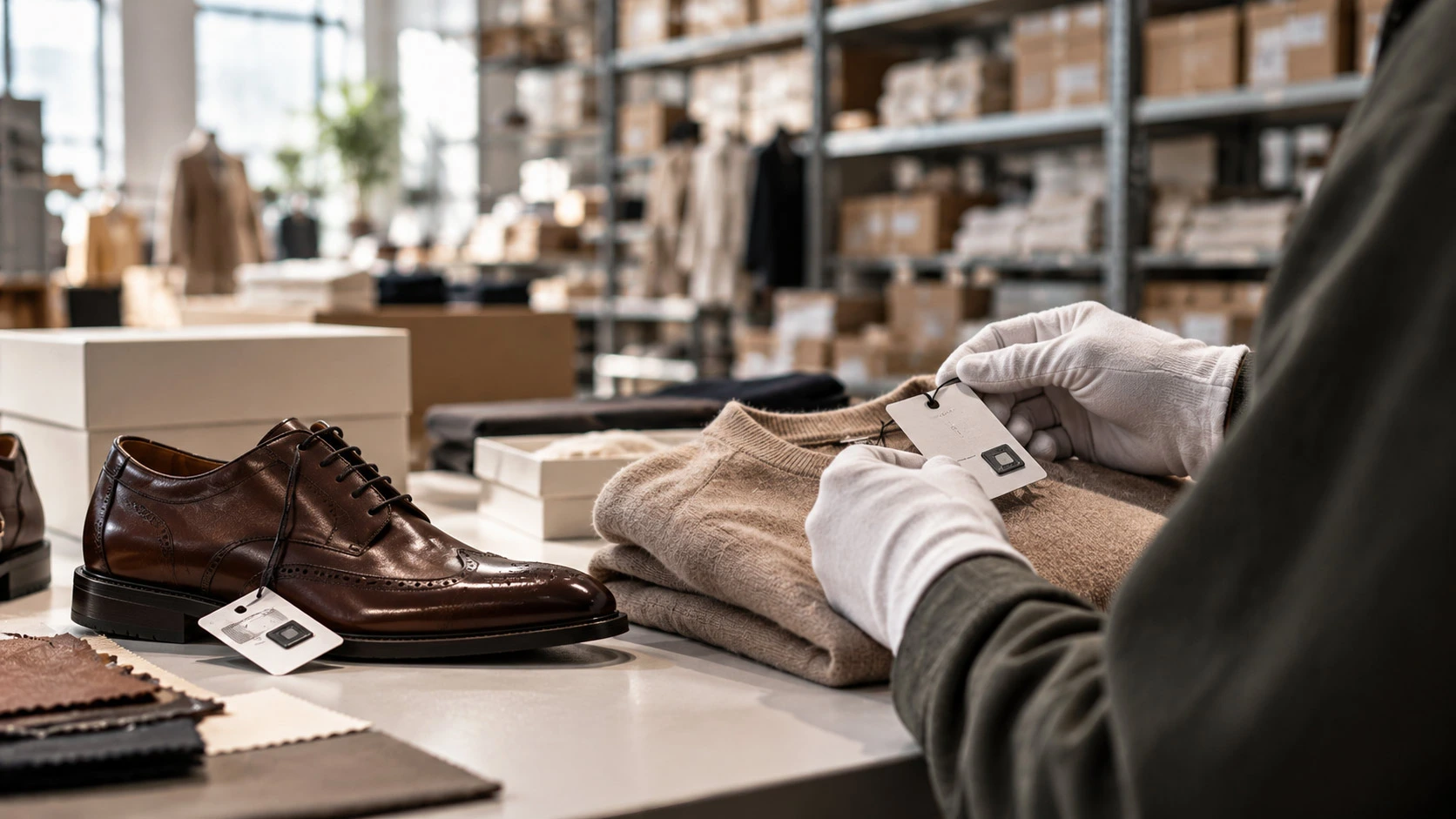 Operatore con guanti bianchi verifica un'etichetta con tag RFID su un capo di maglieria, accanto a una scarpa artigianale in pelle con tag digitale, nel reparto qualità di un'azienda di moda di fascia alta.